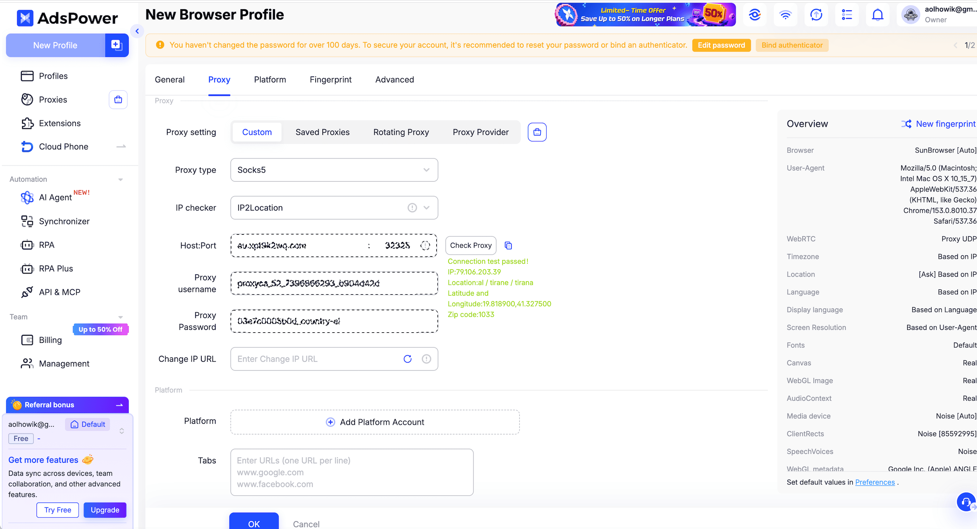 New AdsPower browser profile with the Custom proxy option selected.