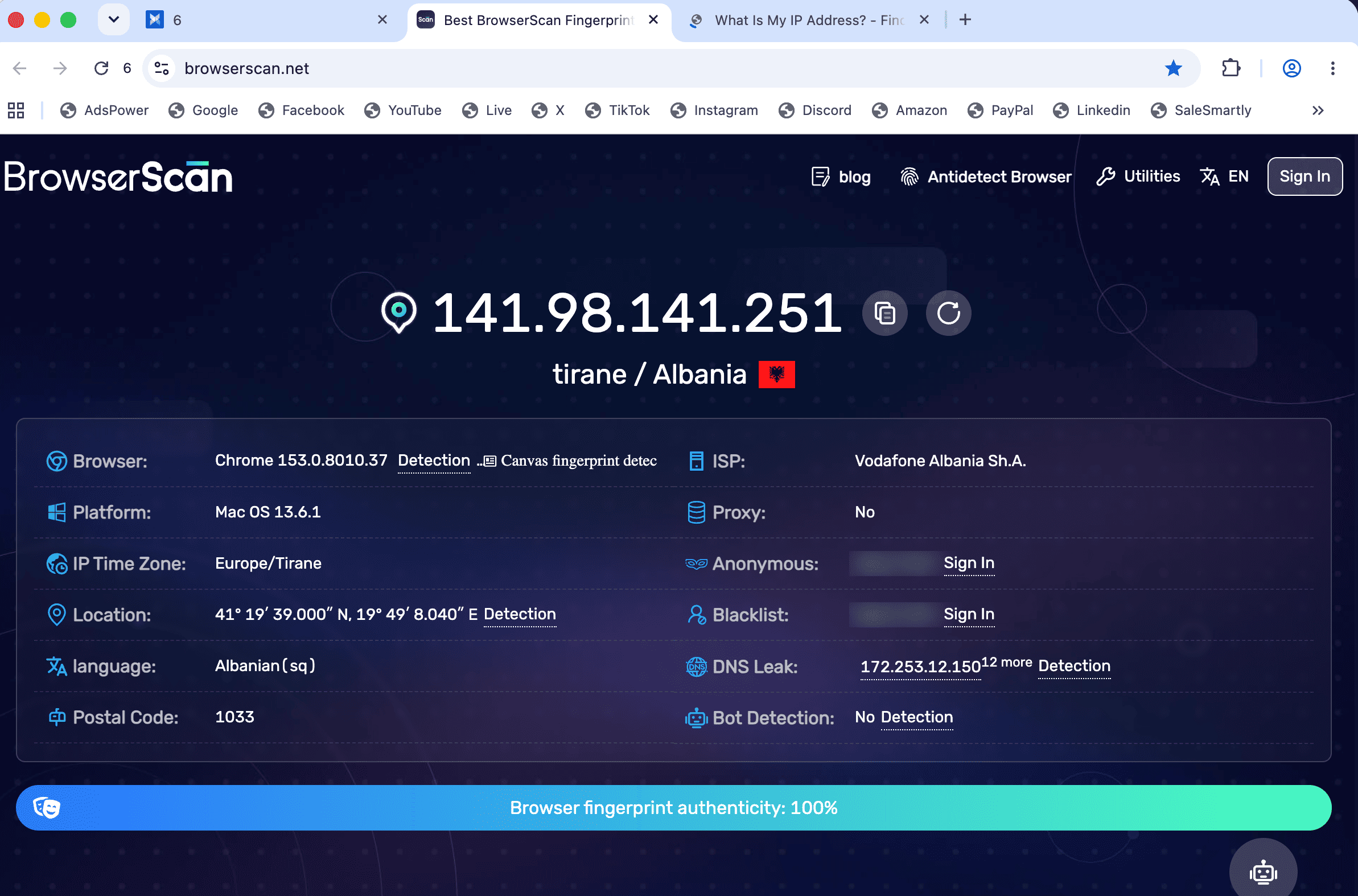 BrowserScan showing the proxy IP address and Albania location inside an AdsPower profile.