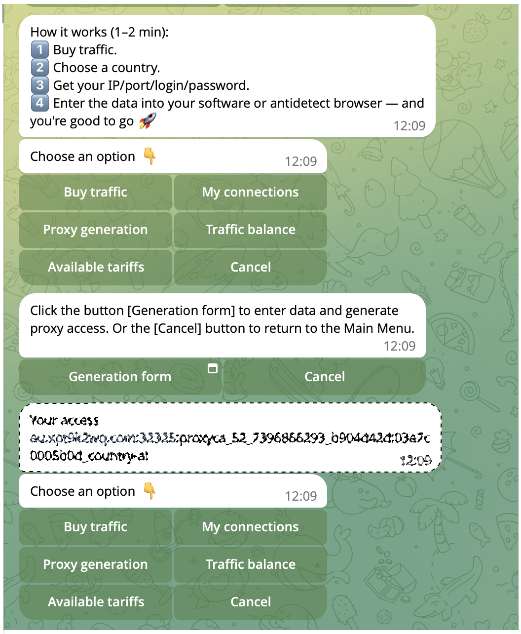 Proxyca proxy connection details in Telegram with authentication credentials hidden.